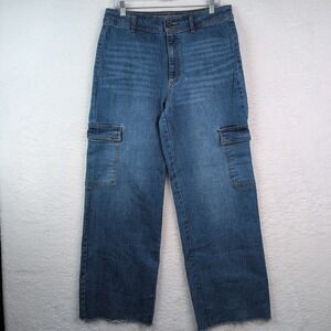 OAT New York Jeans Women's Sz 12/31 Cargo Wide Leg Raw Hem Medium Wash